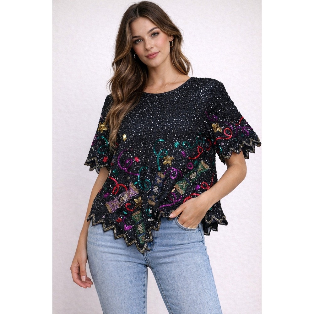 Laurence Kazar Black Sequin Beaded Short Sleeve Scalloped Hem Top